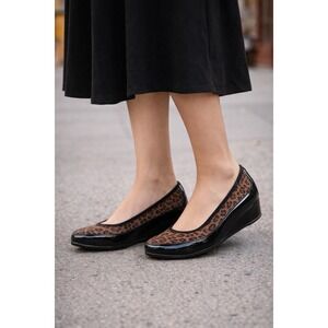 Ara Wedge Shoes Women Leopard Print Patent Black Round Toe Comfort Size 7.5